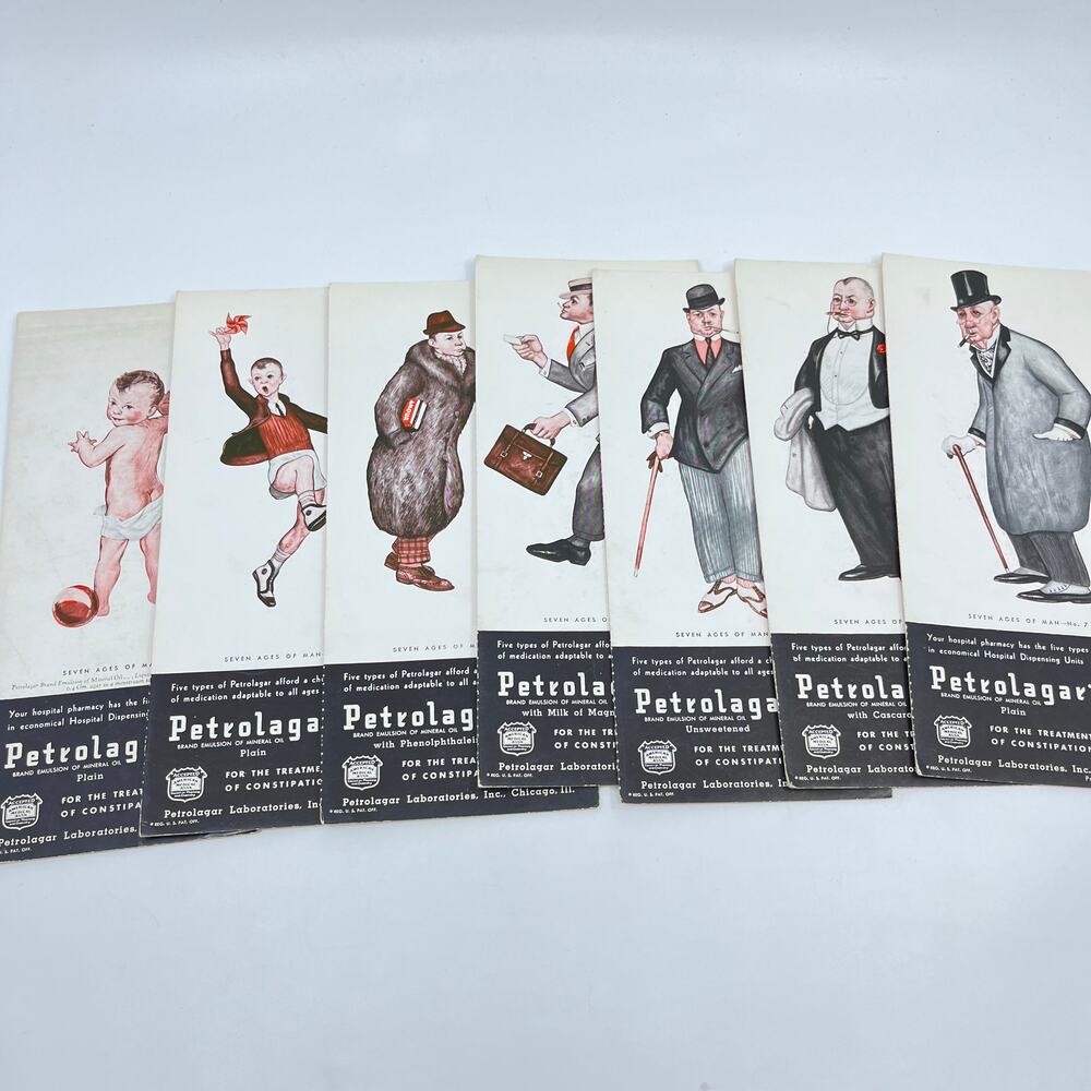 1940s Petrolagar Mineral Oil Blotter Cards Seven Stages of Man COMPLETE SET H5-4